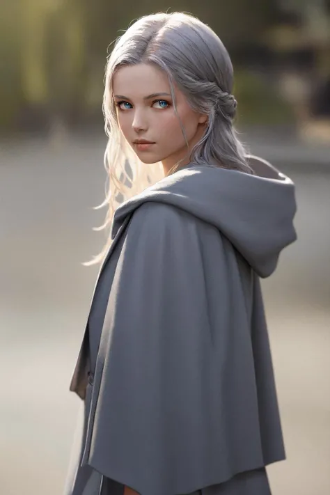 masterpiece, best quality, highres, 1girl, venat, grey robe <lora:venat:1> photorealistic, looking at viewer