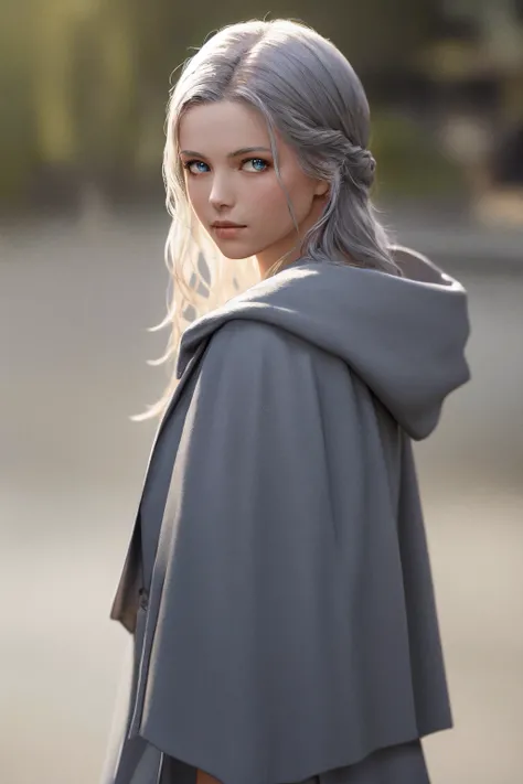 masterpiece, best quality, highres, 1girl, venat, grey robe <lora:venat:1> photorealistic, looking at viewer