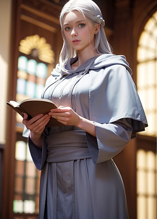 (8k, RAW photo, best quality, masterpiece:1.2), (realistic, photo-realistic:1.37), mature female, venat, (grey robe), hanging mask, (fully clothed), (blue eyes), glowing eyes, (solo), gentle smile, gentle face, gentle stature, detailed face, slender, modest breast, dramatic angle, looking away, full body, browsing books, library, soft lighting, dreamy, dreamlike, <lora:venatFFXIVFF14_greyRobe:1>