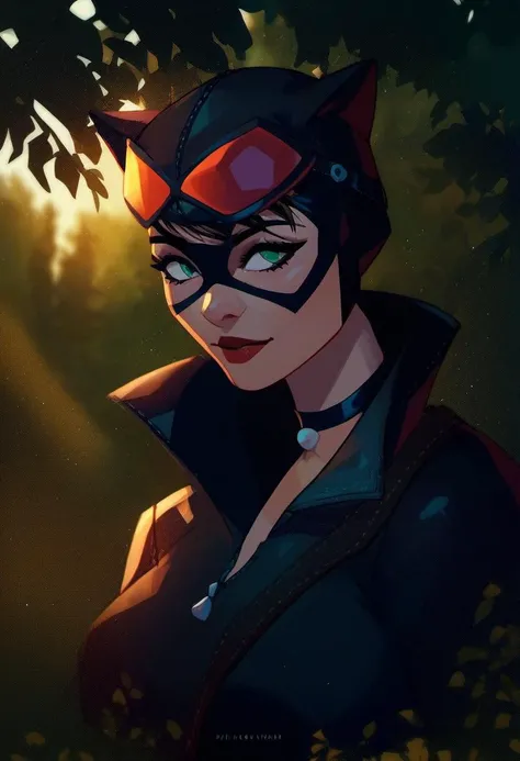 source_cartoon, rating_safe, <lora:Rainwater_SDXL_Pony:0.8>, Catwoman, in a forest at sunset, score_9, score_8_up, score_7_up, score_6_up, score_5_up, score_4_up