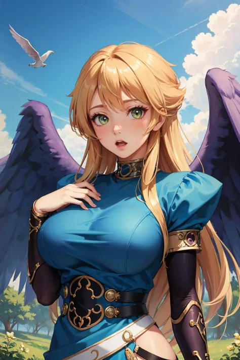 masterpiece, best quality, bofNina, purple wings, blue dress, bridal gauntlets, upper body, hands to own heart, surprised, large breasts, forest, sky, clouds <lora:nina-nvwls-v1-000010:0.9>