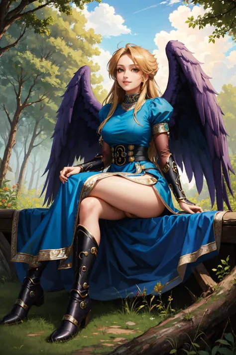 masterpiece, best quality, bofNina, purple wings, blue dress, bridal gauntlets, knee boots, sitting, looking up, sky, clouds, forest, smile <lora:nina-nvwls-v1-000010:0.9>