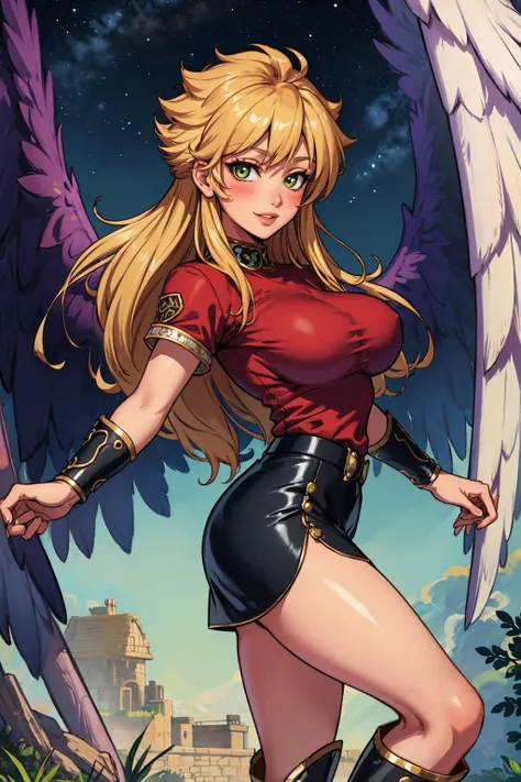 masterpiece, best quality, bofNina, purple wings, red t-shirt, pencil skirt, knee boots, large breasts, cowboy shot, from side, looking at viewer, village, smile, blushing <lora:nina-nvwls-v1-000010:0.9>