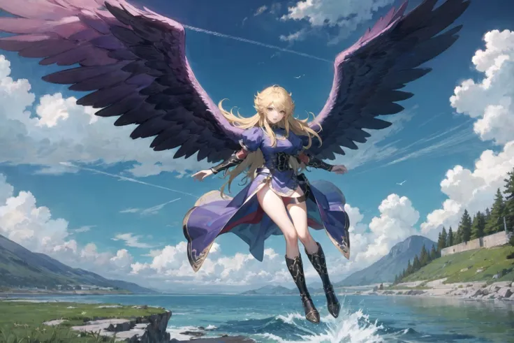 (masterpiece, best quality,high resolution:1.2), <lora:nina-nvwls-v1-final:1> , bofNina (flying over water:1.1), purple wings, blue dress, bridal gauntlets, knee boots