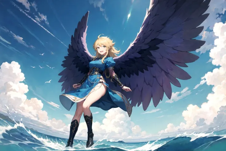 (masterpiece, best quality,high resolution:1.2), <lora:nina-nvwls-v1-final:1> , bofNina (flying over water:1.1), purple wings, blue dress, bridal gauntlets, knee boots, smiling, detailed, ascend, high speed, having fun, detailed clothes, detailed wings,