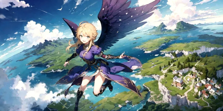 (masterpiece, best quality,high resolution:1.2), <lora:nina-nvwls-v1-final:0.85> , bofNina (flying over forest, above forest,:1.1), (purple detailed wings:1.1), detailed blue dress, bridal gauntlets, knee boots, smiling, detailed, high speed, having fun, (from above:1.1), feet off ground, in skies, (fragmented world in small islands floating in air,:1.1)