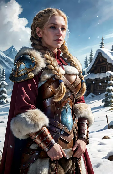 character portrait painting photo of k4tw1nn1ck as a beautiful viking shieldmaiden, hair in long braids, full platemail armor, fur cloak, winter, battlefield, (masterpiece:1.2) (illustration:1.1) (best quality:1.2) (detailed) (intricate) (8k) (HDR) (wallpaper) (cinematic lighting) (sharp focus) <lora:AZovyaRPGArtistToolsLORAV2art:0.35>