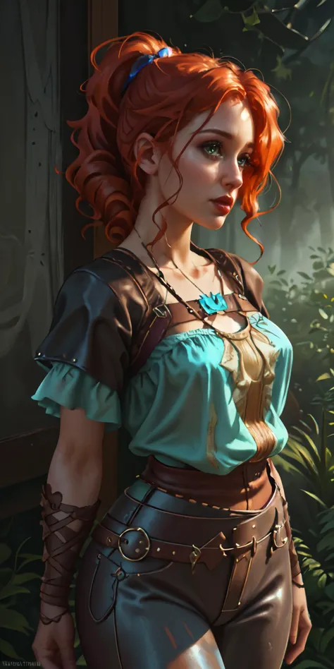 X+Y= 2, score_9, score_8_up, score_7_up, incase, western artstyle, semi-realistic facial structure, semi-traditional artstyle, portrait beautiful girl solo alone medieval RPG character painting ginger hair upsweep updo swashbuckler rogue corset shirt teal (leather pants:1.1) (straps buckles:1.2) armor indoors overgrown (ancient ruins:1.2) (bright morning light:1.2) from the side (atmospheric volumetric fog:1.1), detailed image, high quality detailed, UHD detailed oil painting, beautiful art UHD, bokeh, background Modifiers: extremely detailed Award winning photography, fantasy studio lighting, photorealistic very attractive beautiful imperial colours ultra detailed 3D, Very Intricate, <lora:AZovyaRPGArtistToolsLORAV2art:0.7>
