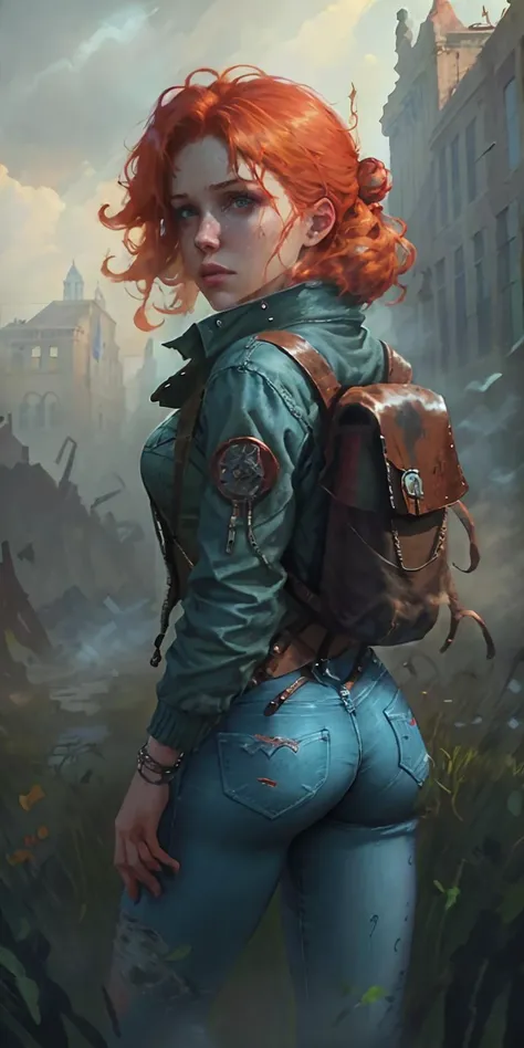 zrpgstyle post-apocalypse fallout 4 RPG character painting ginger hair upsweep updo thin woman wearing black backpack (denim jacket jeans tshirt:1.2) searching an abandoned building indoors overgrown ruins vines ivy in an (abandoned city:1.1) (red brick buildings:1.2) blue sky (bright morning light:1.1) (windy dust volumetric lighting foggy:1.1)
(masterpiece:1.4) (best quality:1.4) (8k) (HDR) (wallpaper) (cinematic lighting) (sharp focus) (intricate) <lora:AZovyaRPGArtistToolsLORAV2art:0.9>