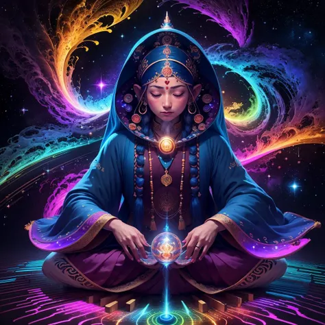 A beautiful and stunning colorful illustration of the I AM consciousness, highly detailed, a (((guru meditation))) with a deep space background, ultra high resolution, 8K, vibrant colors, best quality, highres,  <lora:theovercomer8sContrastFix_sd15:0.8>
