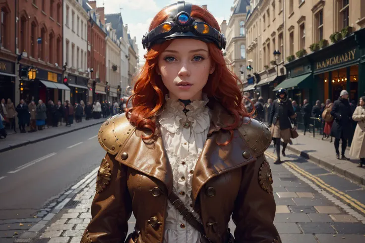(8k, RAW photo, highest quality), beautiful girl walking in the street of london, 18 century, red head, (aviary helmet),avairy coat, (detailed eyes:0.8), (looking at the camera:1.4), (highest quality), (best shadow), intricate details, interior, dark studio, muted colors, (steam punk),
<lora:epiNoiseoffset_v2:1> <lora:aToZovyaRPGArtists_sd15V2:0.8>