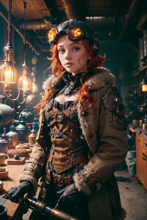 (8k, RAW photo, highest quality), beautiful girl using tools next to a desk, in a factory, water pipe, water tank, 18 century, red head, steampunk aviary helmet ,avairy coat, (detailed eyes:0.8), (looking at the camera:1.4), (highest quality), (best shadow), intricate details, interior, dark studio, muted colors, (steam punk),
<lora:epiNoiseoffset_v2:1> <lora:aToZovyaRPGArtists_sd15V2:0.8>