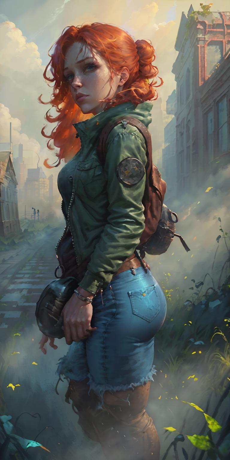 A woman with red hair and a backpack standing in front of a building ...