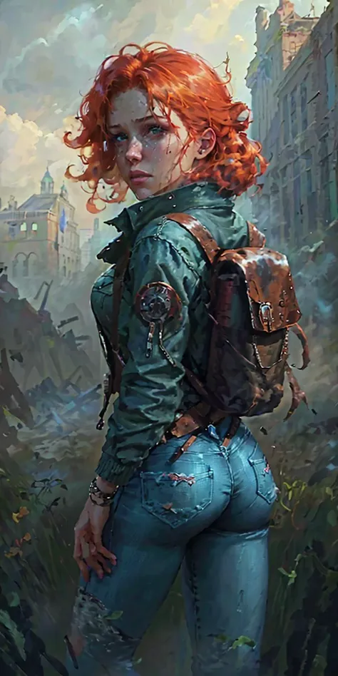 zrpgstyle post-apocalypse fallout 4 RPG character painting ginger hair upsweep updo thin woman wearing black backpack (denim jacket jeans tshirt:1.2) searching an abandoned building indoors overgrown ruins vines ivy in an (abandoned city:1.1) (red brick buildings:1.2) blue sky (bright morning light:1.1) (windy dust volumetric lighting foggy:1.1)
(masterpiece:1.4) (best quality:1.4) (8k) (HDR) (wallpaper) (cinematic lighting) (sharp focus) (intricate) <lora:AZovyaRPGArtistToolsLORAV2art:0.9>