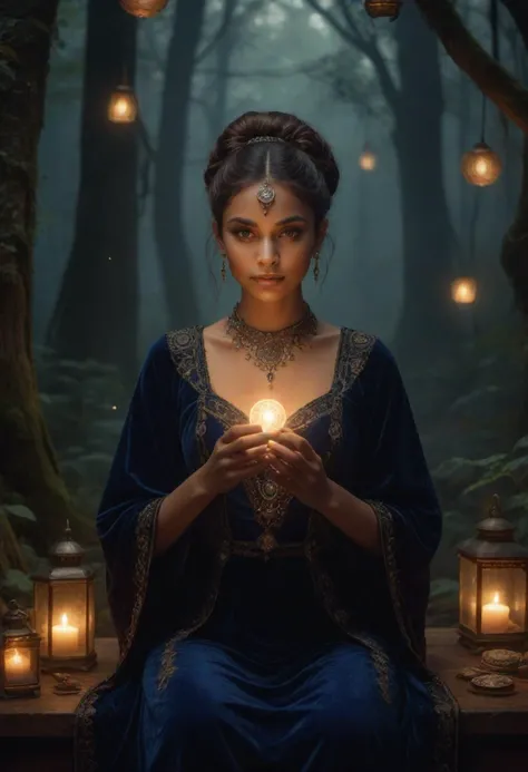 masterpiece, reality, 4k, (medium full shot) of (mysterious fortune teller) young woman, indian, mocha skin, brown eyes, Average build, medium ginger double buns hair, wearing a velvet cloak , midnight blue velvet gown with mystical designs, barefoot, smoky eyeshadow, tarot cards, mystical rings, set in a mystical forest, with ancient trees, flickering lanterns, a misty ambiance, a hidden fortune tellerâs setup, during twilight, woman smiling