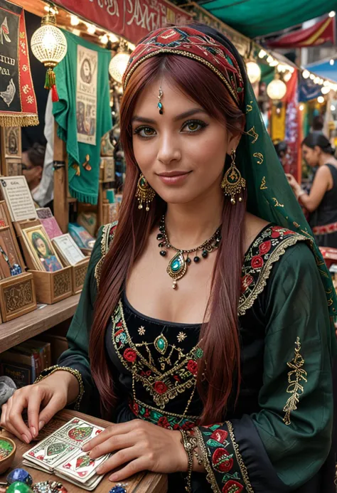 (medium full shot) of (mesmerizing fortune teller) young woman, mexican, mahogany skin, green eyes, normal build, long red side-swept bangs hair, wearing a embroidered shawl , black embroidered gown with mystical designs, barefoot, smoky eyeshadow, tarot cards, crescent moon earrings, set in a bustling market, with vibrant stalls, a lively crowd, mystical trinkets, a fortune tellerâs setup, at night, woman smiling, ,Masterpiece,best quality, photo, realistic, very aesthetic, detailed face,