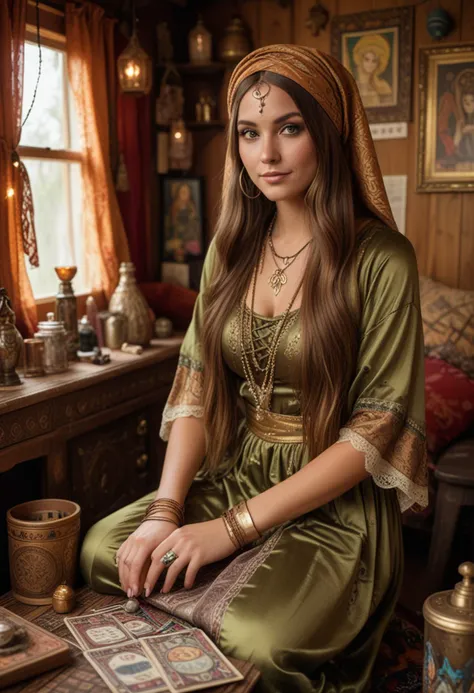 (medium full shot) of (otherworldly fortune teller) young woman, british, tan skin, olive green eyes, voluptuous build, long brown hime cut hair, wearing a silk headscarf , gold gypsy dress with enchanting patterns, lace-up boots, bold eyeliner, tarot cards, bangles, set in a rustic gypsy caravan, with wooden interiors, eclectic decor, colorful drapes, magical ambiance, during twilight, woman smiling, Masterpiece,best quality, photo, realistic, very aesthetic, detailed face,