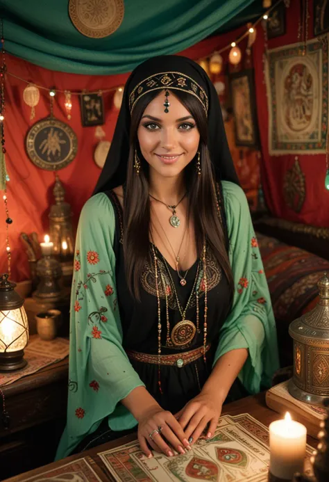 (medium full shot) of (exotic fortune teller) young woman, australian, tan skin, light green eyes, voluptuous build, extra long dark inverted bob hair, wearing a embroidered shawl , black bohemian dress, barefoot, glittery eyeliner, tarot cards, headscarf,  set in  a cozy gypsy caravan, featuring warm lighting, embroidered fabrics, mystical artifacts, intricate woodwork, woman smiling, Masterpiece,best quality, photo, realistic, very aesthetic, detailed face,