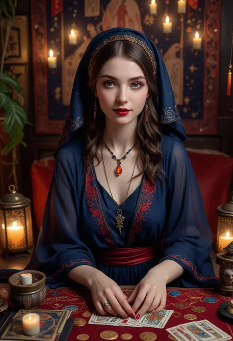 (medium full shot) of (spellbinding fortune teller) young woman, chinese, pale skin, hazel eyes, Average build, short hazel wavy down hair, wearing a embroidered shawl , midnight blue asymmetric dress with mystical elements, barefoot, red lipstick, tarot cards, headscarf, set in a mystical sanctuary, featuring arcane symbols, plush seating, shimmering lights, enchanted decor , during twilight, woman smiling, Masterpiece,best quality, photo, realistic, very aesthetic, detailed face,