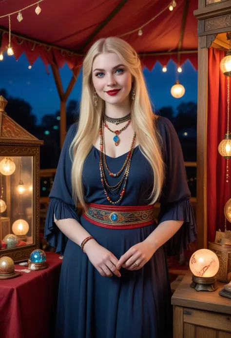 (medium full shot) of (ethereal fortune teller) young woman, french, pale skin, light Blue eyes, full-figured build, long blonde side-swept hair, wearing a fringed scarf , midnight blue bell-sleeve top, layered skirt, loafers with decorative details, red lipstick, crystal ball, bangles, set in a bustling fair, with colorful tents, vibrant lights, a lively atmosphere, a mystical fortune tellerâs booth, at night, woman smiling, Masterpiece,best quality, photo, realistic, very aesthetic, detailed face,
