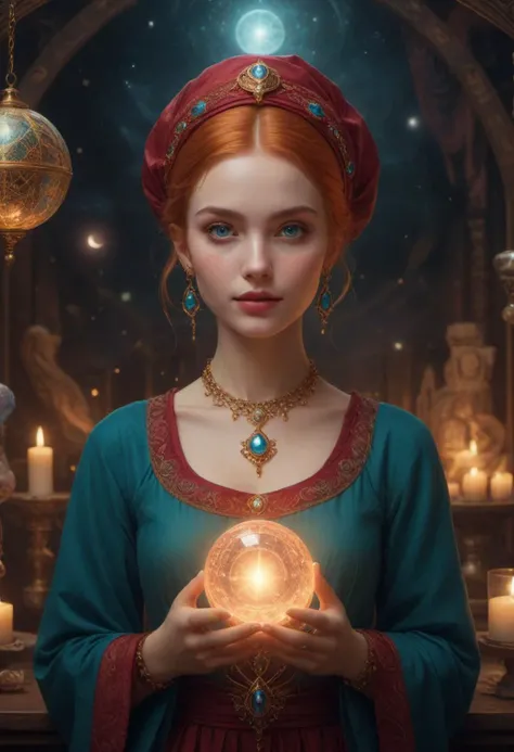 masterpiece, reality, 4k, (medium full shot) of (otherworldly fortune teller) young woman, french, fair skin, blue eyes, petite build, medium ginger low bun hair, wearing a silk headscarf , ruby red casual dress with enchanting patterns, block heels with mystical accents, mystical face tattoos, tarot cards, crescent moon earrings,  set in  an arcane sanctuary, with mystical patterns, glowing crystals, enchanted mirrors, magical vibes , woman smiling