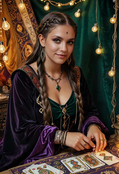 (medium full shot) of (mysterious fortune teller) young woman, swedish, tan skin, dark green eyes, voluptuous build, long dark dutch braid hair, wearing a velvet cloak , deep purple flowing blouse with intricate patterns, fringed skirt, loafers with decorative details, mystical face tattoos, tarot cards, mystical rings, set in a magical tent, with sparkling lights, velvet cushions, tarot cards, enchanting trinkets, at night, woman smiling, ,Masterpiece,best quality, photo, realistic, very aesthetic, detailed face,