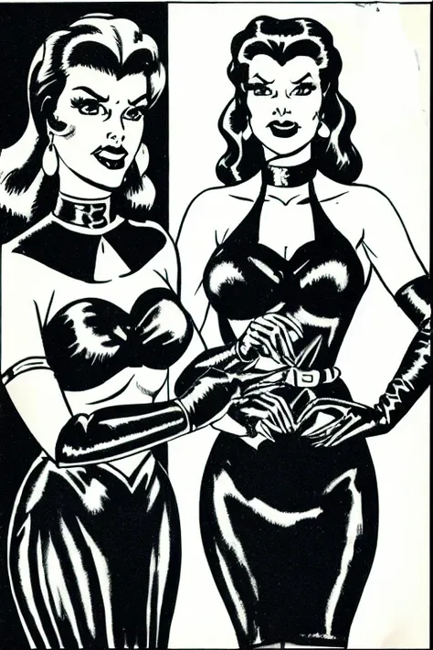 (VintBonSeBDSMArt:0.25) monochrome, 2girls, greyscale, coreset, makeup, breasts, lipstick, hand_on_another's_shoulder, jewelry, siblings, earrings, dress, medium_breasts, sisters, traditional_media, style_parody, armlet, long long hair, collar, cuffs, elbow_gloves, latex, bondage_outfit