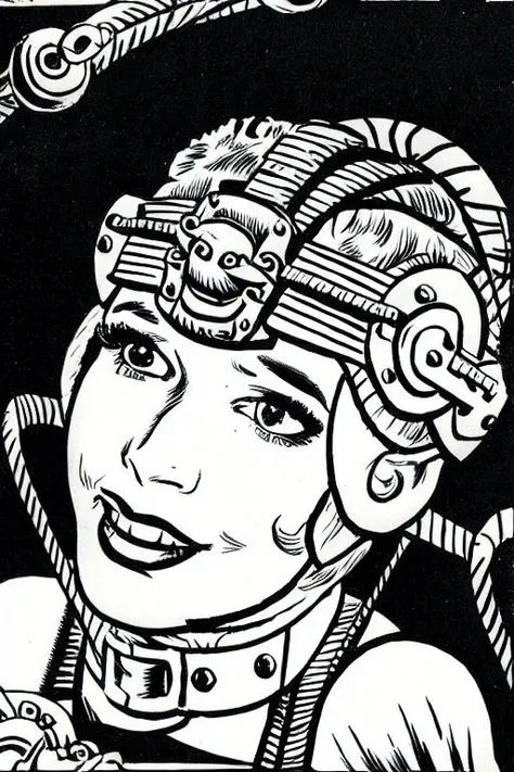 (VintBonSeBDSMArt:0.25) 1girl, monochrome, solo, greyscale, traditional_media, goggles, portrait, braid, goggles_on_head, headset, looking_to_the_side