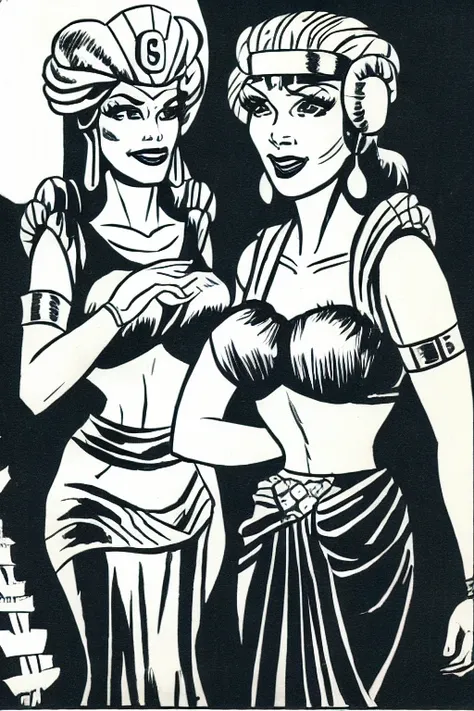 (VintBonSeBDSMArt:0.25) monochrome, 2girls, multiple_girls, greyscale, parody, makeup, breasts, lipstick, hand_on_another's_shoulder, jewelry, siblings, earrings, dress, medium_breasts, sisters, headband, traditional_media, style_parody, helmet, armlet