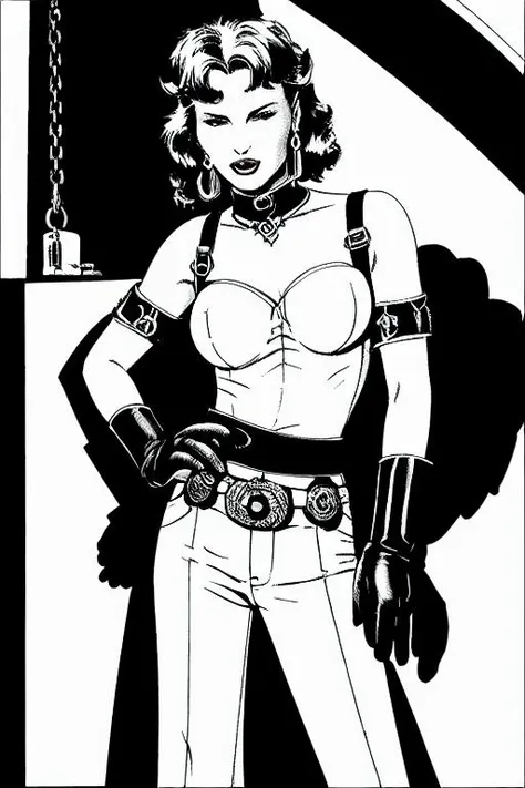 (VintBonSeBDSMArt) 1girl, monochrome, jewelry, greyscale, earrings, 1boy, shorts, gloves, elbow_gloves, chain, parted_lips, cowboy_shot, breasts, bare_shoulders, lipstick, looking_at_viewer