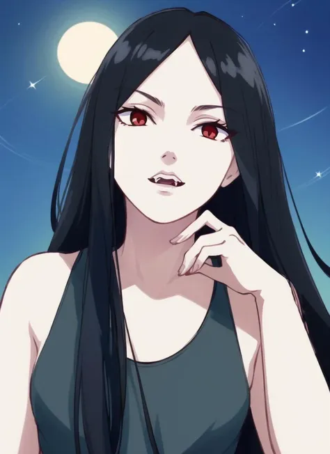 ((best quality)), ((highly detailed)), masterpiece, extremely detailed face, beautiful face, (detailed eyes, deep eyes), (1girl), full body, <lora:marcelineAdventureTime_v10:.55>, MarcelineWaifu, pale skin, very long hair, black hair, red eyes, fangs, small breasts, night, moon, night sky, shooting star, <lora:SuoiresnuStyle:.9>, (plain lighting)