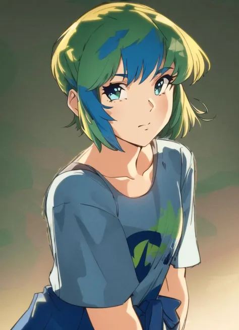 ((best quality)), ((highly detailed)), masterpiece, detailed face, beautiful face, (detailed eyes, deep eyes), (1girl), cowboy shot, <lora:earthChan_v1:1>, earth-chan, blue eyes, multicolored hair, blue and green hair, short hair, small breasts, long white gown, <lora:SuoiresnuStyle:.9>, (plain lighting)