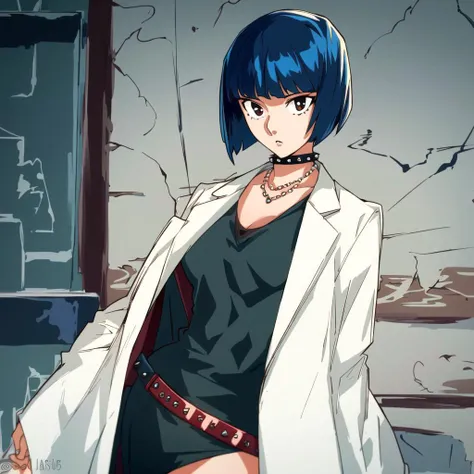 ((best quality)), ((highly detailed)), masterpiece, (detailed eyes, deep eyes), (1girl), cowboy shot, <lora:taeTakemiPersona5_v10:.7>, Tae Takemi, dark blue hair, short hair, bob-cut, blunt bangs, (brown eyes), necklace, studded collar, dress, black dress, short dress, ((labcoat)), red belt, strappy black platform high heels, <lora:SuoiresnuStyle:.9>, (plain lighting)