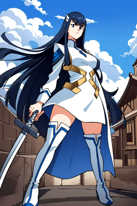 (plain lighting), 1girl, blue_eyes, boots, breasts dress, from_below, grey_footwear, grey_hair, holding, holding_sword, holding_weapon, katana, kiryuuin_satsuki, large_breasts, long_hair, long_sleeves, looking_at_viewer, sheath sheathed, short_dress, solo, standing sword, thick_eyebrows, thigh_boots, weapon, background medieval city, <lora:SuoiresnuStyle-Rech44:0.9> <lora:KiryuinSatsuki:0.8>