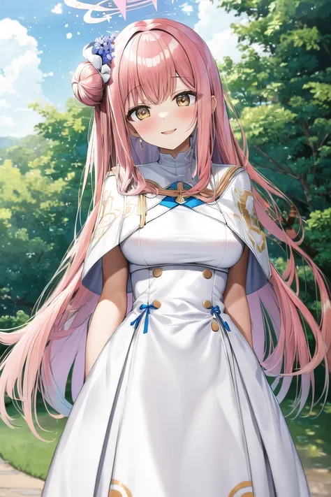 masterpiece, best quality, mika, 1girl, solo, halo, bangs, hair ornament, single side bun, wings, scrunchie, flower, white dress, capelet, sleeveless, badge, smile, blush,