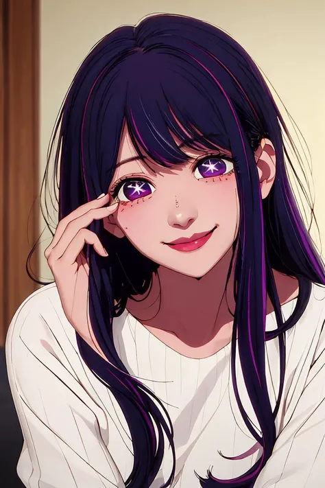 (masterpiece, best quality), 1girl, beautiful face,   <lora:hoshino_ai_oshinoko:1> hoshino_ai_oshinoko, long_hair, purple_eyes, purple_hair, bangs, smile, symbol-shaped_pupils, multicolored_hair, star-shaped_pupils