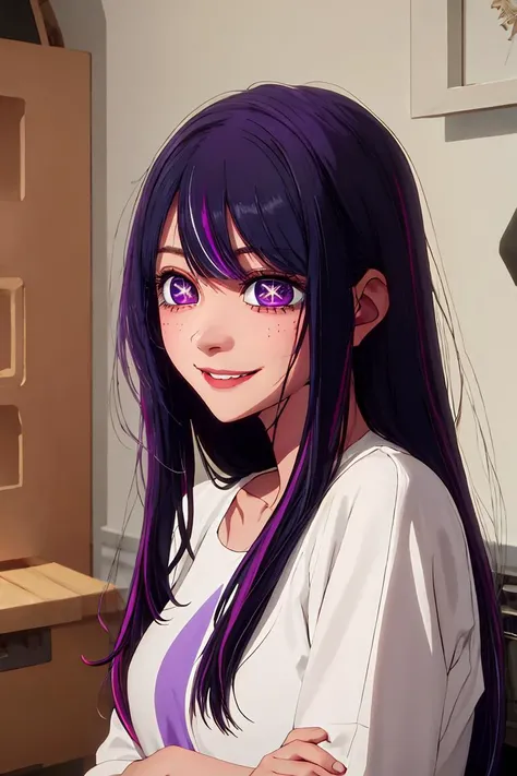 (masterpiece, best quality), 1girl, beautiful face, <lora:hoshino_ai_oshinoko:1> hoshino_ai_oshinoko, long_hair, purple_eyes, purple_hair, bangs, smile, symbol-shaped_pupils, multicolored_hair, star-shaped_pupils