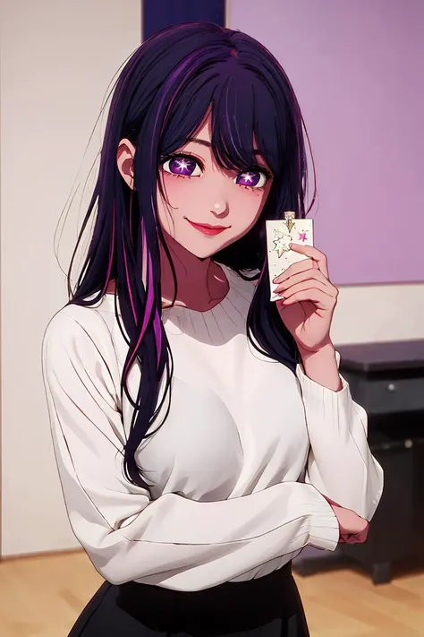 (masterpiece, best quality), 1girl, beautiful face,   <lora:hoshino_ai_oshinoko:1> hoshino_ai_oshinoko, long_hair, purple_eyes, purple_hair, bangs, smile, symbol-shaped_pupils, multicolored_hair, star-shaped_pupils