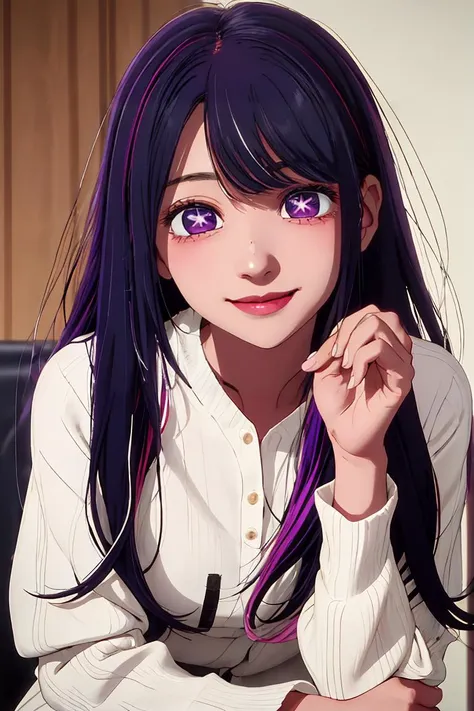 (masterpiece, best quality), 1girl, beautiful face,   <lora:hoshino_ai_oshinoko:1> hoshino_ai_oshinoko, long_hair, purple_eyes, purple_hair, bangs, smile, symbol-shaped_pupils, multicolored_hair, star-shaped_pupils