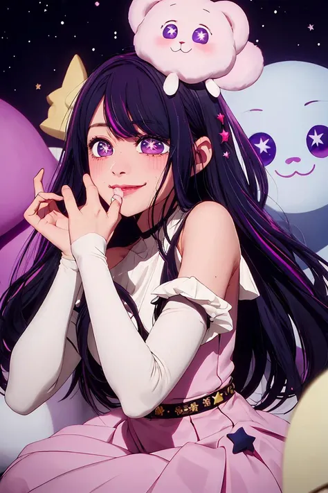 (masterpiece, best quality), 1girl, beautiful face,   <lora:hoshino_ai_oshinoko:1> hoshino_ai_oshinoko, long_hair, purple_eyes, purple_hair, bangs, smile, symbol-shaped_pupils, multicolored_hair, star-shaped_pupils