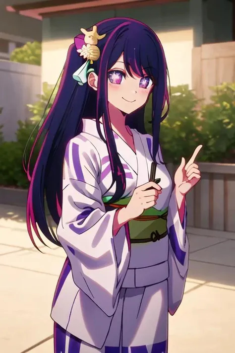 best quality, masterpiece, highres, solo, {yukata:1.40}, {kimono:1.20}, {hoshino_ai_oshinoko:1.15}, long_hair, purple_eyes, purple_hair, bangs, smile, symbol-shaped_pupils, multicolored_hair, star-shaped_pupils