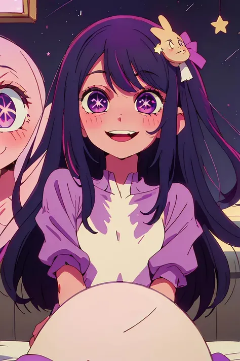 (masterpiece, best quality), 1girl, beautiful face, <lora:hoshino_ai_oshinoko:1> hoshino_ai_oshinoko, long_hair, purple_eyes, purple_hair, bangs, smile, symbol-shaped_pupils, multicolored_hair, star-shaped_pupils