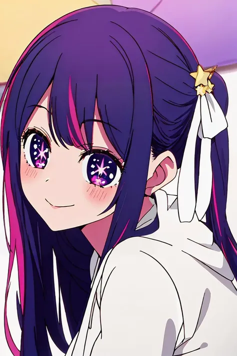 (masterpiece, best quality), 1girl, beautiful face, <lora:hoshino_ai_oshinoko:1> hoshino_ai_oshinoko, long_hair, purple_eyes, purple_hair, bangs, smile, symbol-shaped_pupils, multicolored_hair, star-shaped_pupils
