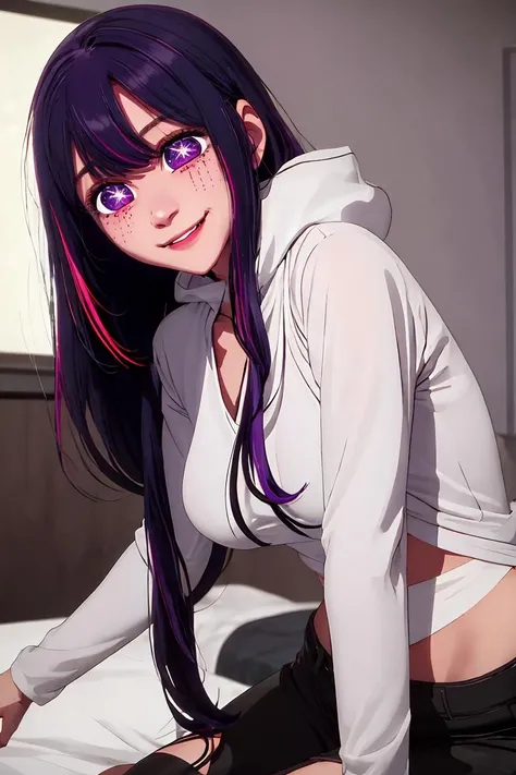 (masterpiece, best quality), 1girl, beautiful face, <lora:hoshino_ai_oshinoko:1> hoshino_ai_oshinoko, long_hair, purple_eyes, purple_hair, bangs, smile, symbol-shaped_pupils, multicolored_hair, star-shaped_pupils