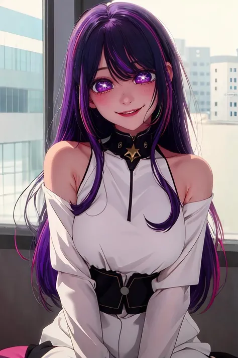 (masterpiece, best quality), 1girl, beautiful face, <lora:hoshino_ai_oshinoko:1> hoshino_ai_oshinoko, long_hair, purple_eyes, purple_hair, bangs, smile, symbol-shaped_pupils, multicolored_hair, star-shaped_pupils