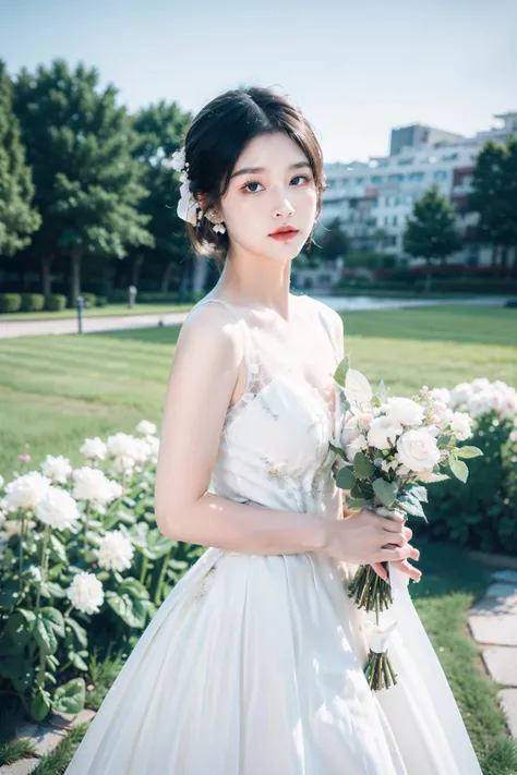 hunsha_girl,1girl,dress,solo,flower,white dress,black hair,bouquet,jewelry,wedding dress,earrings,blurry,looking at viewer,blurry background,white flower,realistic,holding,hair bun,black eyes,