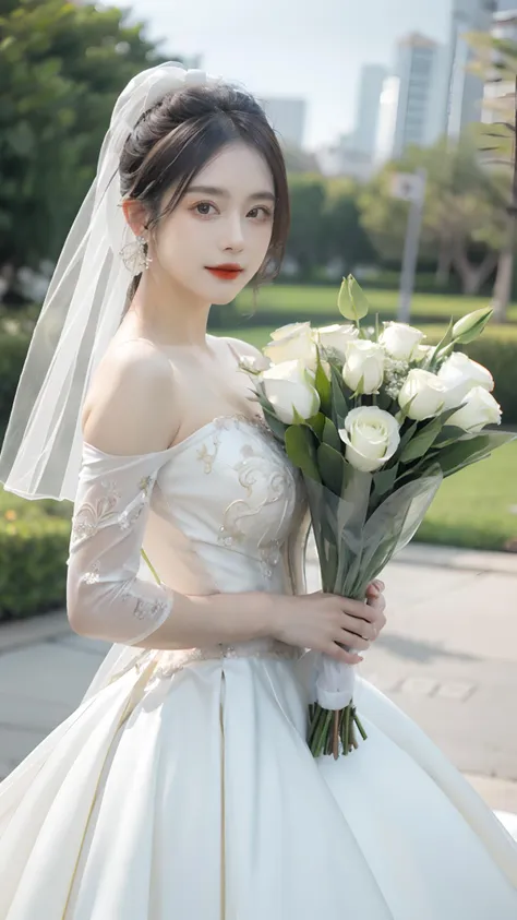 8k, RAW photo, best quality, masterpiece, realistic, 
1girl, black hair, hair bun, jewelry, earrings, white flower, bouquet, white dress, wedding dress, holding, looking at viewer, blurry background, 
hunsha_girl