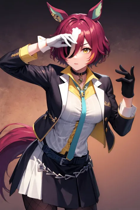 masterpiece, best quality, beauty, flexing, <lora:umamusume_taninogimlet-10:.8> tanino gimlet, hair over one eye, horse ears, eyepatch, horse tail, black jacket, yellow shirt, necktie, mismatched gloves, black gloves, white gloves, skirt, fishnet pantyhose,