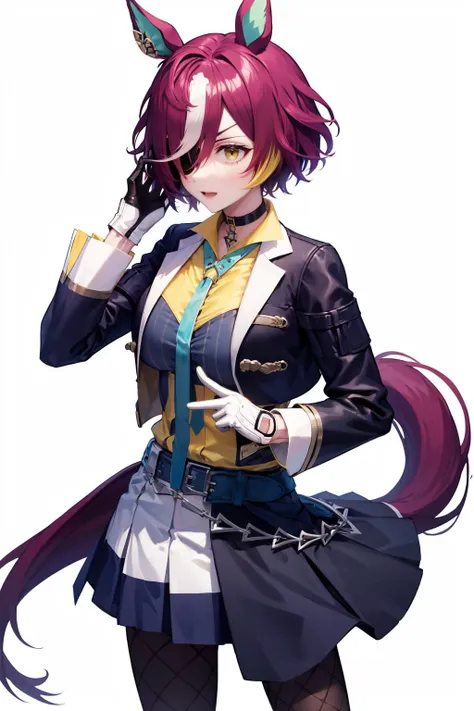 best quality, breast suppress, <lora:umamusume_taninogimlet-10:.9> tanino gimlet, hair over one eye, horse ears, eyepatch, horse tail, black jacket, yellow shirt, necktie, mismatched gloves, black gloves, white gloves, skirt, fishnet pantyhose