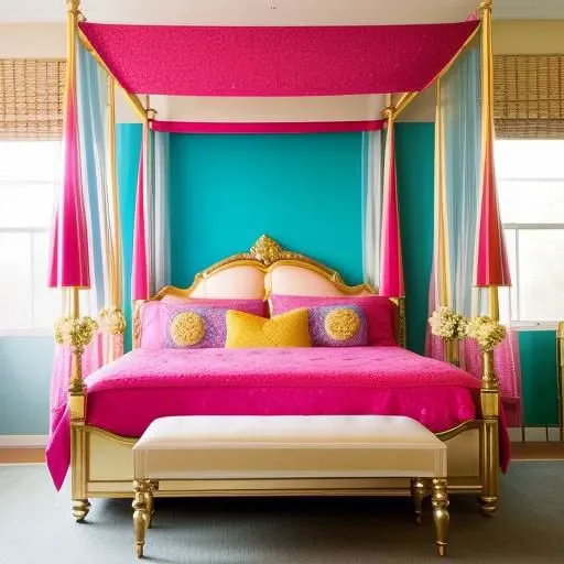 ,bedroom,,,blue,yellow,red,white,pink,cyan,green,gleaming diamond palace with golden accents , radiating light, amidst brilliance, glittering professional photography, macro, natural lighting, ,happy,sky,flower ,water,,chair,canopy,glitter,luster,rug,window,silk